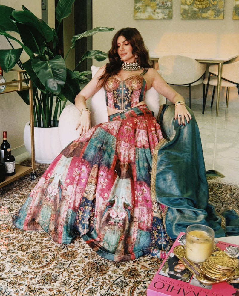 Elnaaz Norouzi In Printed Linen Satin Jacket Lehenga Set