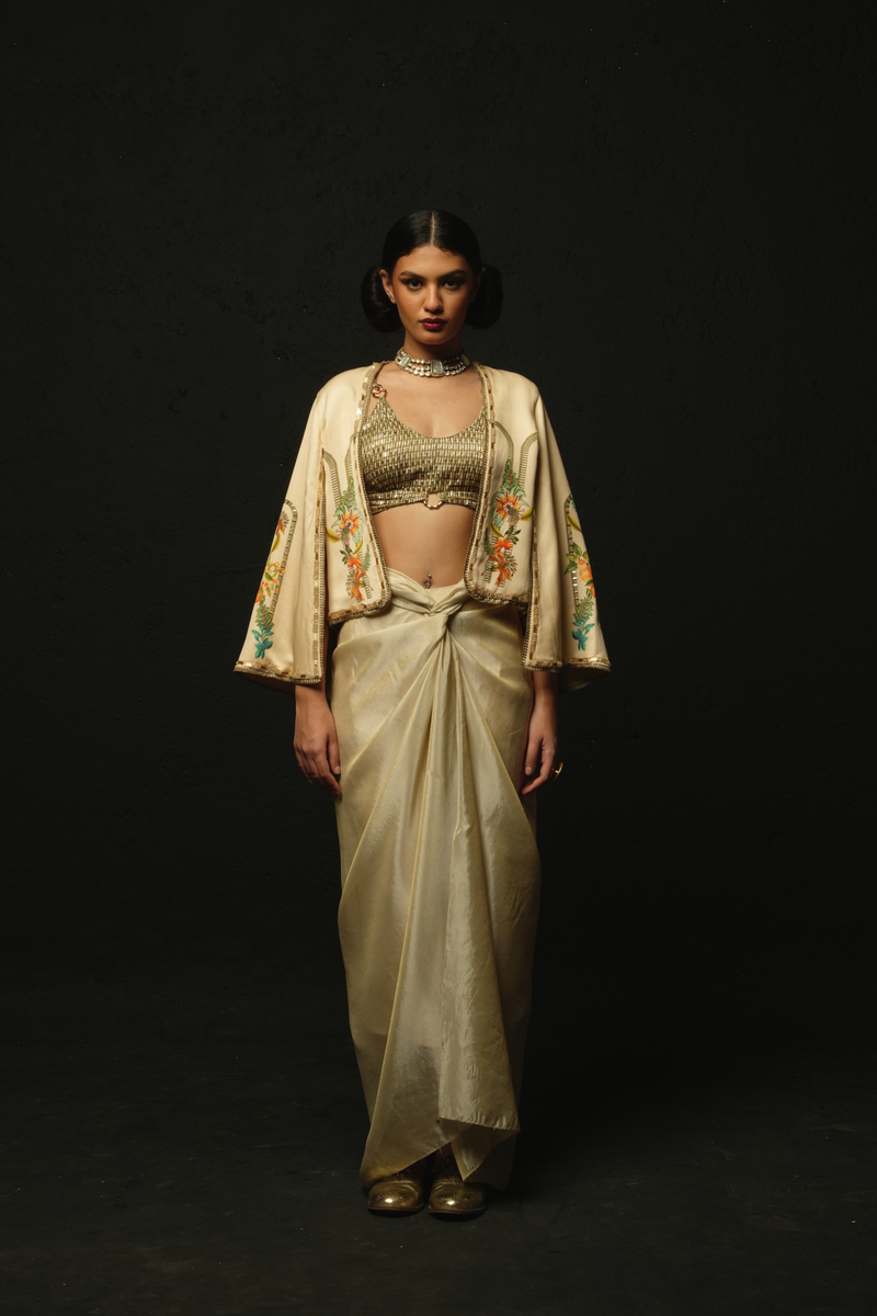 Beige draped skirt set