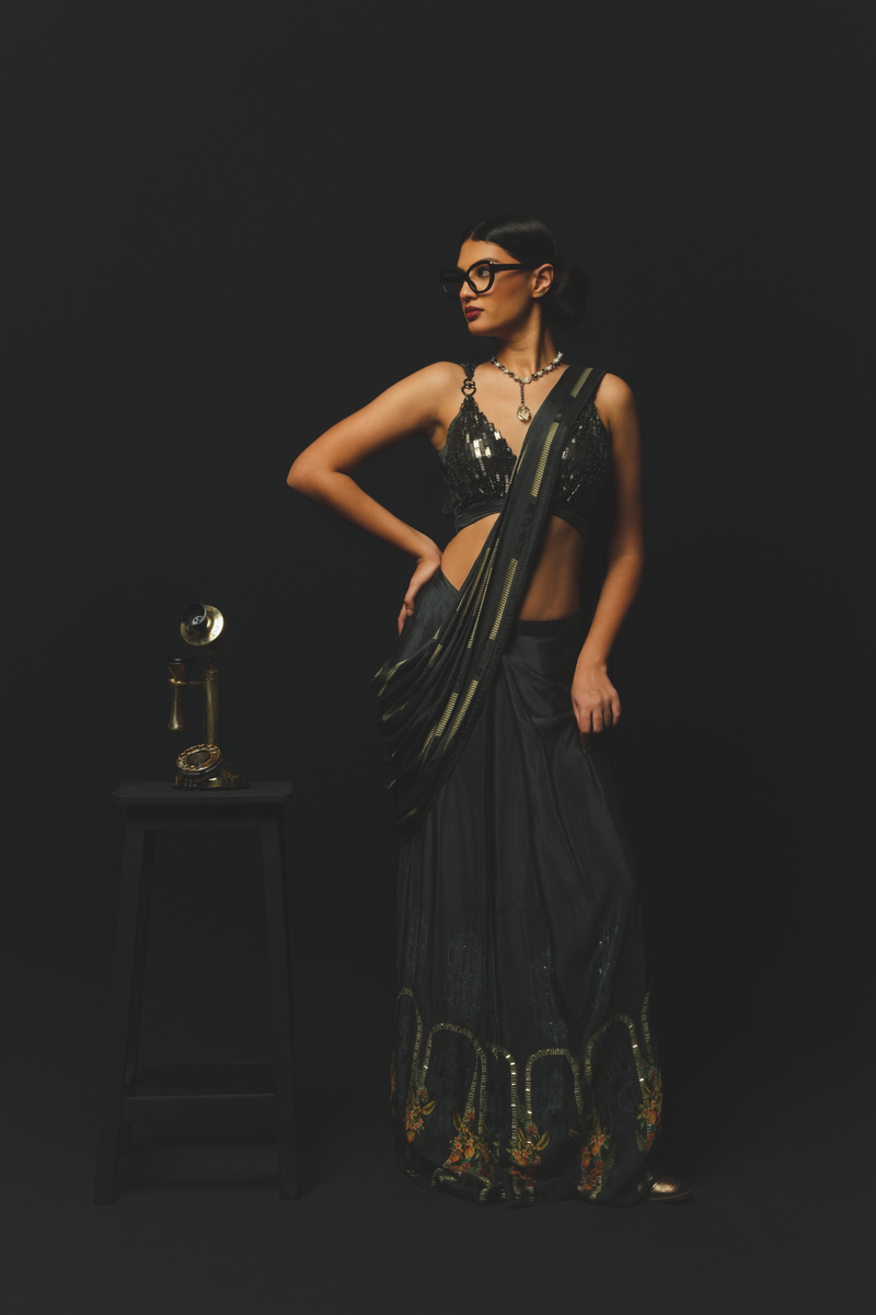 Charcoal Pre draped Saree