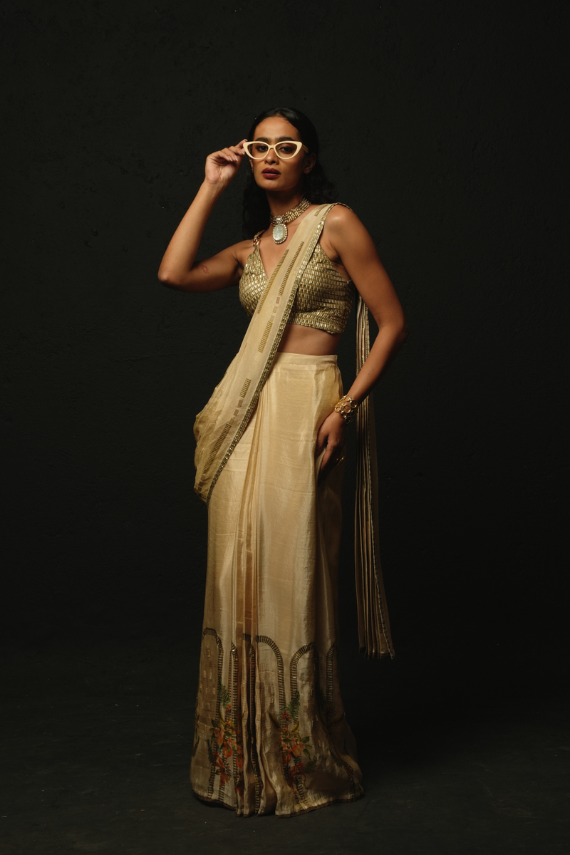 Beige pre-draped saree