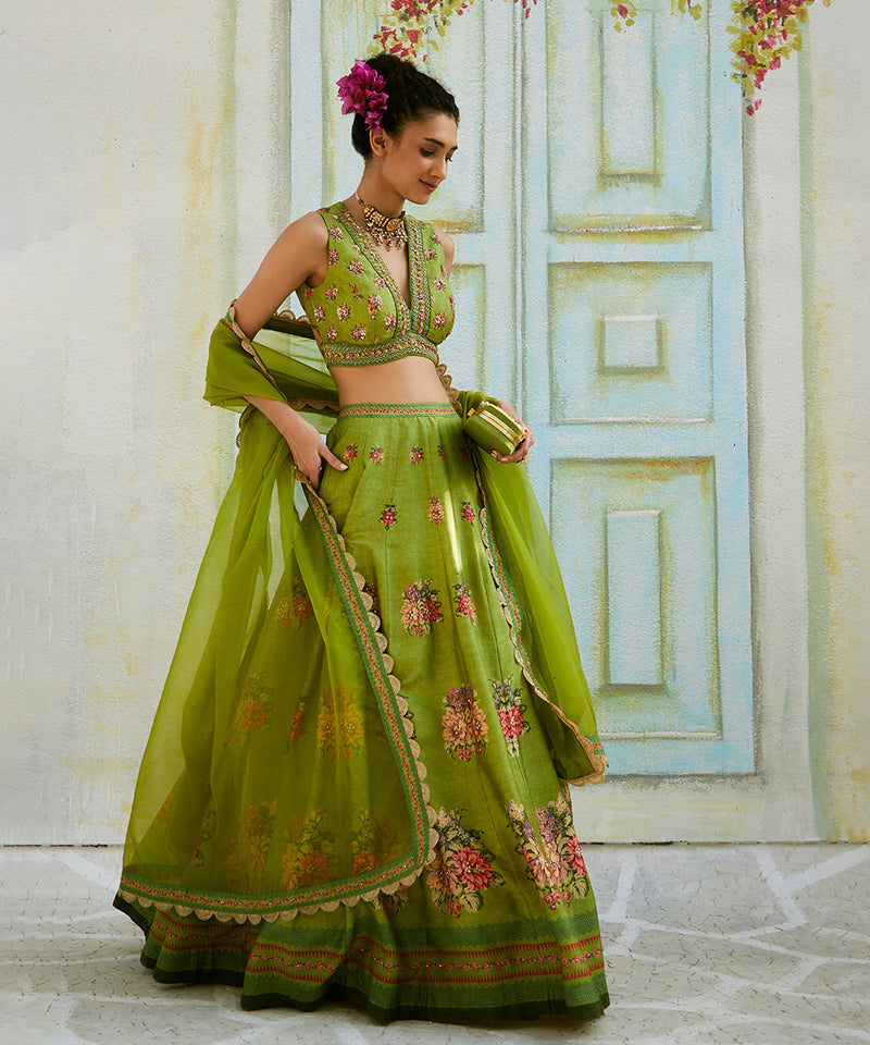 Women's Designer Green Floral Lehenaga Set | Basil Leaf