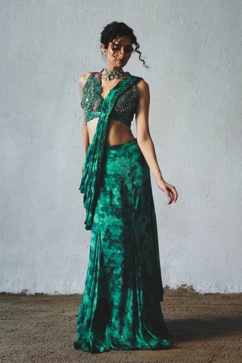 BOTTLEGREEN PREDRAPPED SAREE