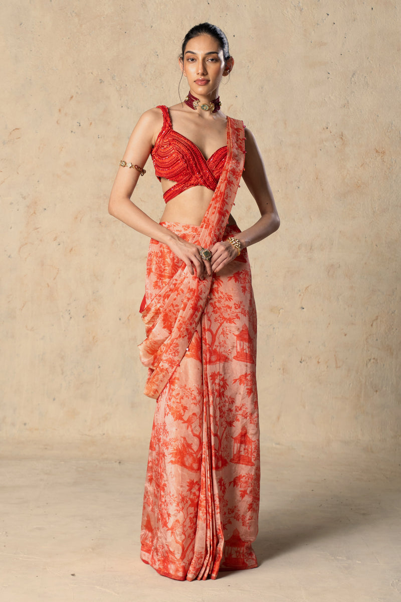 Printed Red Tissue Saree