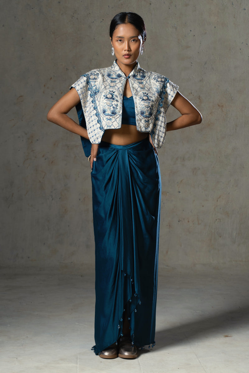 Esha Bhandary In Blue Dhoti Skirt Set with Bolero