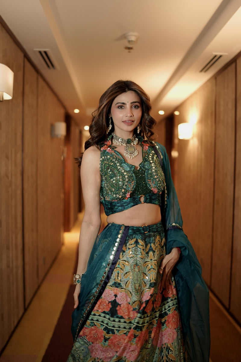 Daisy Shah In Bottlegreen Lehenga Set