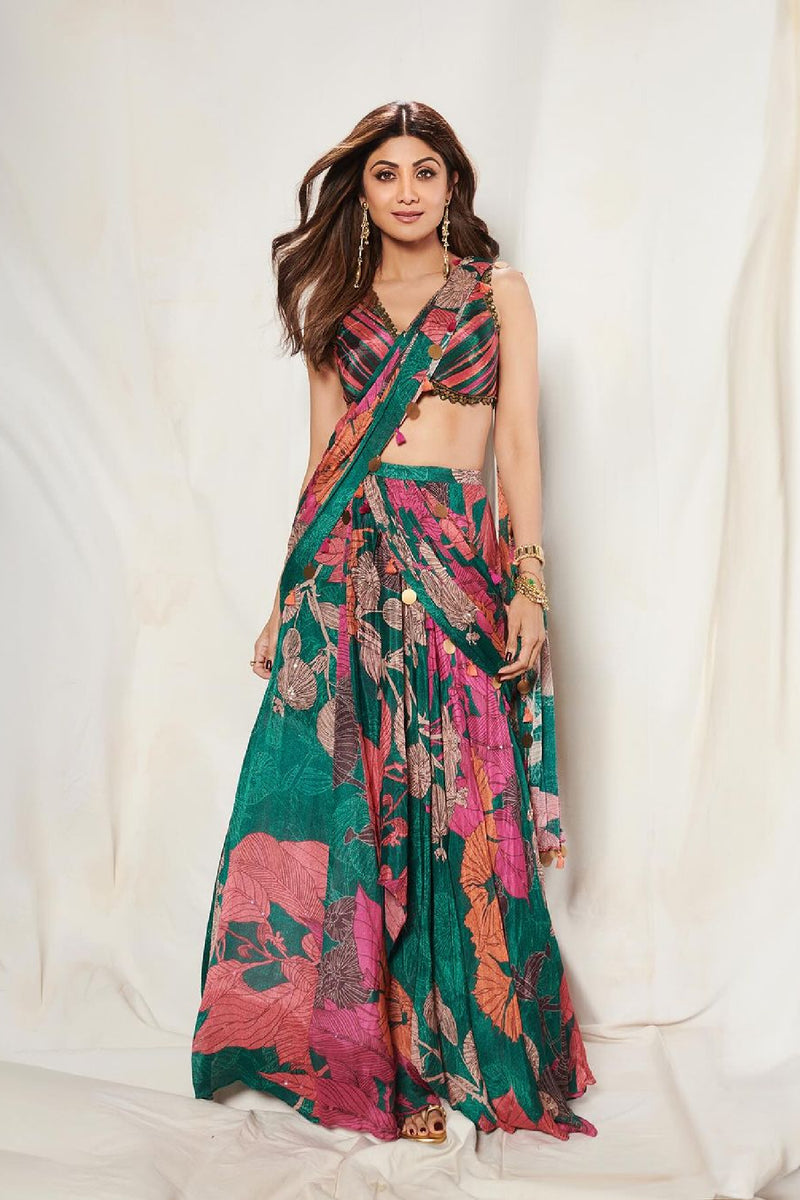 Shilpa Shetty In Bottlegreen Predrape Saree