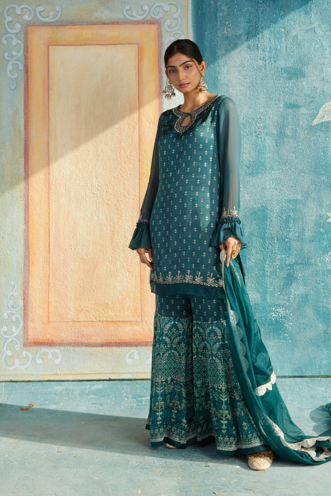 Buy Designer Bottle Green Printed Sharara Set | Basil Leaf Buy Designer Bottle Green Printed Sharara Set | Basil Leaf
